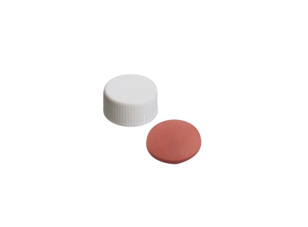 Picture of 20-400mm Solid Top Screw Cap, White Polypropylene with PTFE/Natural Rubber Septa, 1.3mm, (Shore A 60)